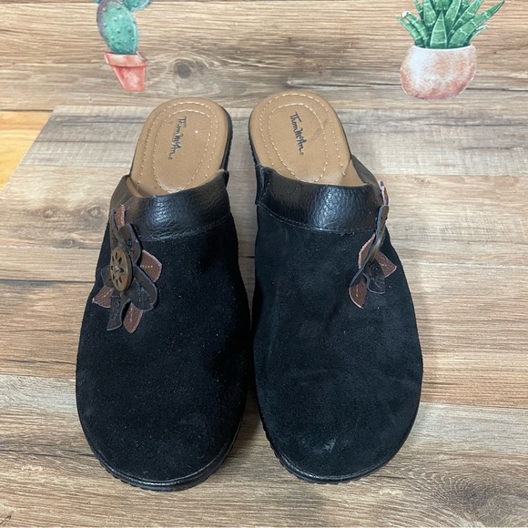 Thom McAn Women's Carine Black Suede Clogs Leather Flower 7.5 wide boho hippie - Picture 3 of 8